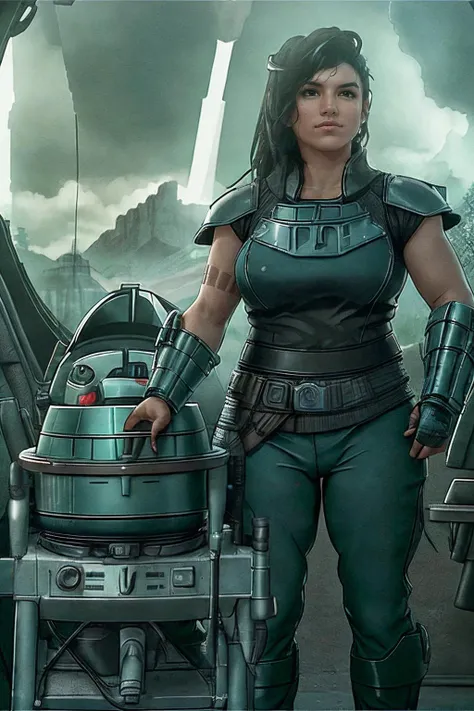 photo of skswoman, fear, inside a spaceship, armor, weapon, baby yoda grogu , a rogue aI becomes the new world leader, landscape with Two-Point Perspective, analog style (look at viewer:1.2) (skin texture), Fujifilm XT3, DSLR, 50mm, <lyco:Cara Dune:1.1>