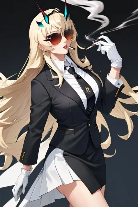 best quality, masterpiece, highres, solo, {black business suit:1.40}, {tie:1.20}, {sunglasses:1.25}, {white gloves:1.15}, {white shirt:1.10}, {black skirt:1.15}, {smoking:1.20}, handsome, {iowa_kantaicollection:1.15}, blonde_hair, long_hair, blue_eyes, star_\(symbol\), symbol-shaped_pupils, star-shaped_pupils, breasts, large_breasts, hair_between_eyes, smile, blush, open_mouth