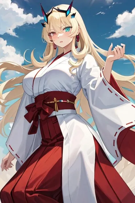 best quality, masterpiece, highres, solo, {white kimono:1.35}, {red hakama:1.35}, {wide sleeves:1.20}, {tam_lin_gawain_fgo:1.15}, blonde_hair, long_hair, horns, breasts, bangs, heterochromia, large_breasts, green_eyes, red_eyes