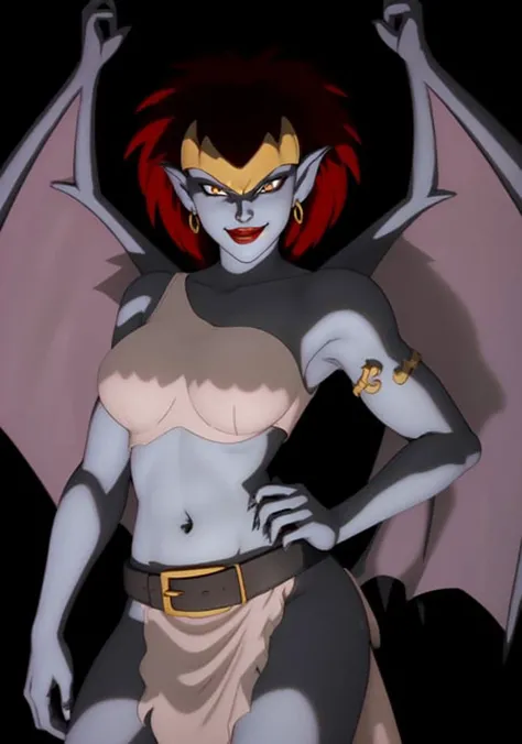 Demona, solo, black eyes, cowboy shot, photorealistic, (hyperrealistic:1.2), perfect eyes, perfect face, perfect lighting, seductive, huge wings, smirk,