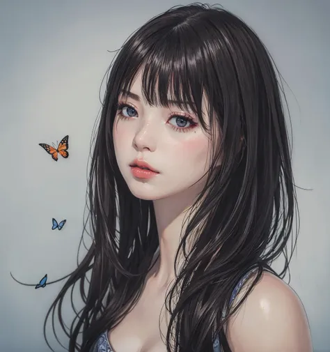 1girl,(RAW photo, best quality),(realistic, photo-realistic:1.1),masterpiece,ultra-detailed,best illustration,intricate,(exquisitely detailed skin),volumetric fog,8k UHD,high quality,butterfly,(hand on mouth),movie light,dark light photography