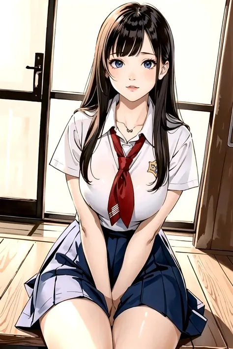 (masterpiece:1.2, best quality:1.2, beautiful, high quality, highres:1.1, aesthetic), detailed, extremely detailed, ambient soft lighting, 4K, perfect lighting, dynamic angle shot, perfect eyes, young girl, solo, (schoolgirl uniform:1.3), (perfect sexual pleasure face), peony hair, dark brown skin, (huge long wide heavy breasts:1.2), crotch, sit, (thick, curvy, chubby, bbw, nsfw:1.2),