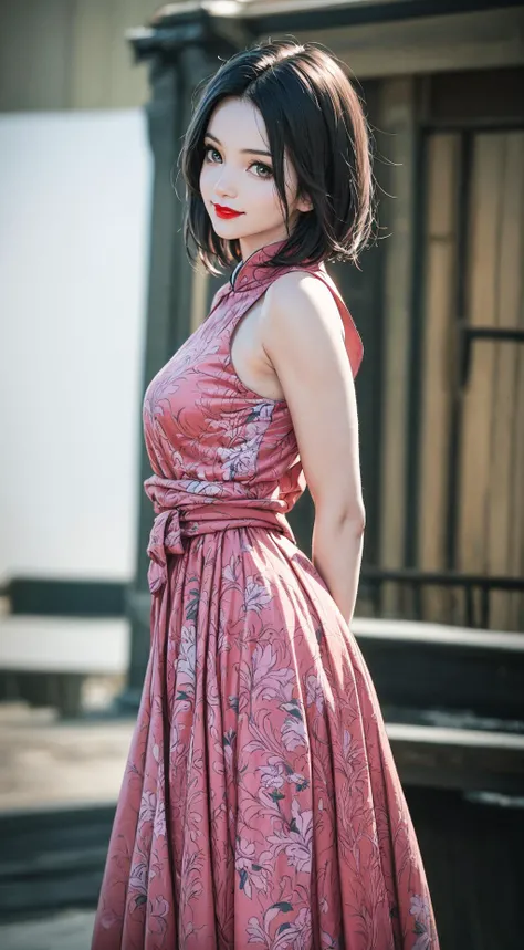 (purple printed china dress),1 girl,(long hair:1.1), (arms behind back:1.1),(realistic:1.7),((best quality)),absurdres,(ultra high res),(photorealistic:1.6),photorealistic,octane render,(hyperrealistic:1.2), (photorealistic face:1.2), (8k), (4k), (Masterpiece),(realistic skin texture), (illustration, cinematic lighting,wallpaper),( beautiful eyes:1.2),((((perfect face)))),(cute),(standing),(black hair),(short hair),black eyes,red lips, (outdoors),.full body,pink waistband,pink with white pibo,smile, goodlooking,perfect face,