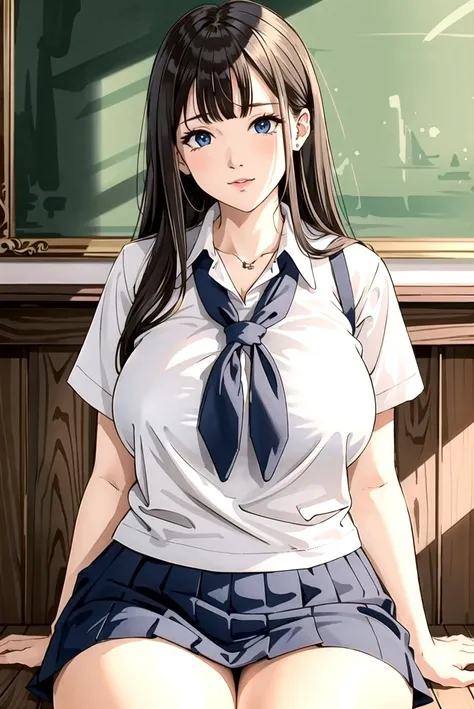 (masterpiece:1.2, best quality:1.2, beautiful, high quality, highres:1.1, aesthetic), detailed, extremely detailed, ambient soft lighting, 4K, perfect lighting, dynamic angle shot, perfect eyes, mature woman, solo, (schoolgirl uniform:1.3), (perfect sexual pleasure face), grey hair, dark brown skin, (huge long wide heavy breasts:1.2), crotch, sit, (thick, curvy, chubby, bbw, nsfw:1.2),