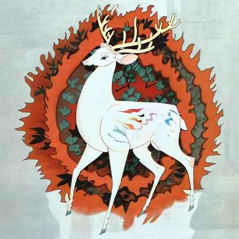 There is a painting,The picture shows a long-horned deer, an an anthropomorphic deer, an anthropomorphic deer, author:Travel in Kana, ancient antler deity, Persian Folktale Art Style, Official Art, Official Artwork, phone wallpaper, persian folklore illustration, Celtic antler god, Inspired by Gu Wenchao, Traditional Chinese Art