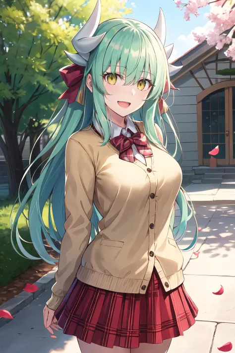 masterpiece, best quality, highres, aakiyo, long hair, green hair, white horns, hair bow, yellow bow, yellow eyes, <lora:kiyohime_(lancer)_v1:0.7>, cardigan, plaid skirt, arms behind back, smile, open mouth, petals, outdoors <lora:Nekodaruma-Style_92390:1>