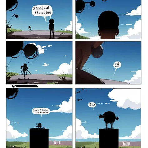 comic, english text, silhouette, 4koma, blue sky, speech bubble, sky, day, cloud, shadow, 1girl