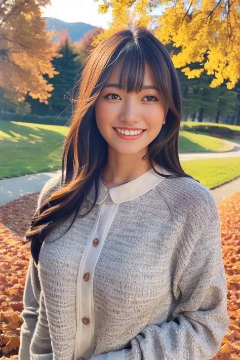 1girl,(wearing dress and cardigan:1.2),(RAW photo, best quality), (realistic, photo-realistic:1.4), masterpiece, an extremely delicate and beautiful, extremely detailed, 2k wallpaper, Amazing, finely detail, extremely detailed CG unity 8k wallpaper, ultra-detailed, highres, soft light, beautiful detailed girl, extremely detailed eyes and face, beautiful detailed nose, beautiful detailed eyes,cinematic lighting,autumn scenery,(morning light),perfect anatomy,slender body,smiling,(squinted eyes,wide smile) <lora:tsumugirisa_lora:0.8>
