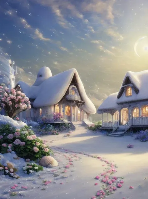 House old, flowers, delicate scene, sky,white clouds,and sunlight shine on the snow-white beach. flowers roses and shiny large shells, diamond crystal, on the beach, fantasy, sky night , moon, smoke , fire, photo, HD, 8K ,a beautiful 3d spectral crystal flower, soft fairy mist white blue rose, transparent petals