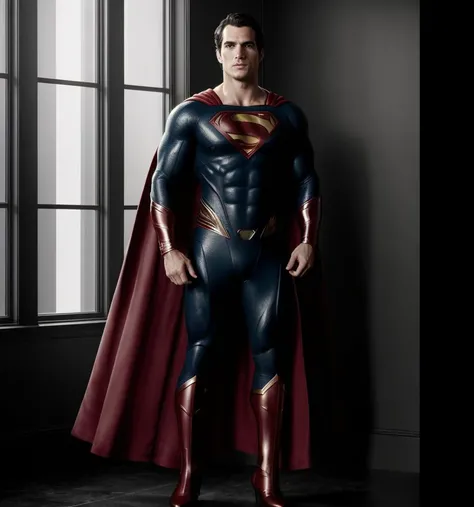 Photo of Henry cavill, superman, handsome male, beautiful dark texture costume hero, cape red long. Photography, HD, cinematic, costume ornate gold, Photo realistic, Full body photo,  photo realism, ultra-detailed, intimate portrait composition, Leica 50mm, f1. 4,Highly Detailed,(Low Contrast:1.3)  <lora:4x_RealisticRescaler_100000_G:1>