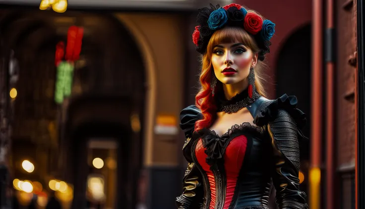 Photograph of (high budget Hollywood film:1.2),(cinematic film still portrait of )
This lovely woman is dressed in colourfulcyberpunk fashion, displaying a unique and playful style. Her outfit consists of layers of frilly lace and intricate bows, adding a whimsical touch to her look. The woman's dress is decorated in vibrant colours, including shades of red, yellow and blue, creating a striking contrast with her black and white elbow-length gloves. Her accessories include large hair bows, lace gloves and mismatched stockings, adding an eclectic flair to her ensemble. With her stylish attire and charming demeanour, this woman stands out as a fashion icon in the realm of men. At this moment, she dancing on the new yourk street., raw, 8k UHD, dslr,,visible skin hair, (one very very small skin blemishes:0.7), (natural skin imperfections:0.7),(very small skin pores:0.7) ,F/8
, captured on a (Hasselblad X1D II 50C)