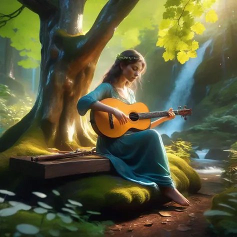 The scene depicts a Celtic girl playing a traditional Celtic instrument with her eyes closed, bathed in a saintly glow. She is surrounded by a lush outdoor forest, with sunlight filtering through the leaves, creating a beautiful and mystical atmosphere,
a celtic girl, 1girl, solo, celtics, a forest treehouse in a rainbow, moss, four-leaf clover, Englander style,
full body, masterpiece, best quality, super detailed, extremely delicate and beautiful, (((sharpening))):1.6,  refined girl, dynamic pose,