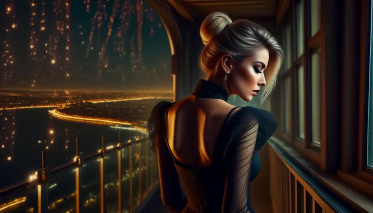 Photograph of  Glamorous stylish portrait of High insane  photo of slim woman watches the view outside the window, the view from the 10th floor ,  sci fi, sunrise
, futuristic,   cyberpunk style,
high detailed skin, skin pores, coastline, overcast weather, wind, waves, 8k uhd, dslr, soft lighting, high quality, film grain, Fujifilm XT3. Dramatic makeup and lighting, elegant jewelry and fashion, poised, high society, luxury, extravagant, captured on a (Hasselblad X1D II 50C)