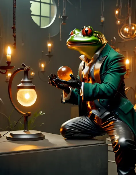 Photograph of  (cute anthropomorphic frog:1.6) holding one fantasy magical orb,  , captured on a (Hasselblad X1D II 50C)