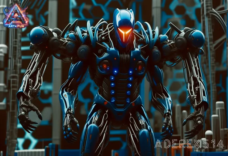Photograph of ,highly detailed, (high budget Hollywood film:1.2),(cinematic film still portrait of )
(huge:1.6) and very strong (Cybernetic) (male robotic creature) with (navy cybernetic:1.6) accessories. (hexagonal elements:1.6), clumsy physique. (the body is made up of hexagonal:1.3 elements between which a blue LED shines). Glowing (blue narrow eyes). cybernetic grey-silver muscles . (No mouth), (triangular facial outline). (Bulky:1.4), (fluffy thick legs:1.3), (huge feet). (very big muscles:1.3). ,(many blue very short mutations growths on body:1.8).(navy mutations very short growths on head:1.9),
new york street in the background,
full body,
, raw, 8k UHD, dslr, 8k post production, high resolution, sharp focus, detailed, , captured on a (Hasselblad X1D II 50C)