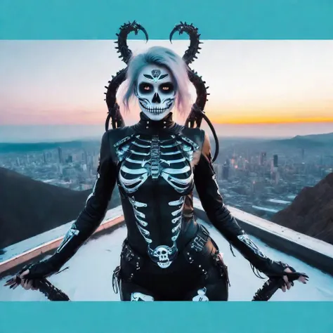 a woman in a skeleton costume, future techwear, metal album cover art, cyborg, goth girl aesthetic, transparent skin, snake texture, temple, pastel goth aesthetic, 2029, skin spikes <lora:Crazy_ExpressionsV2:0.8> crazy face, crazy eyes, crazy smile, shocked, horrified, scared, small pupils, constricted pupils <lora:crossPastiesClothesLiftV1-14:0.8> clothes lift, cross pasties