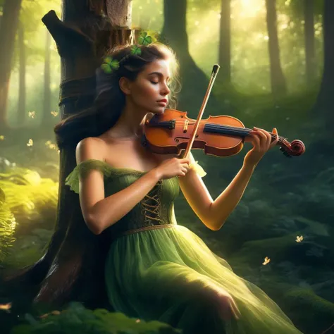 The scene depicts a Celtic girl with her eyes closed, playing the Celtic instrument, the bagpipe. She is bathed in a saintly glow from above. Surrounding her is a lush outdoor forest, with sunlight filtering through the leaves, creating beautiful dappled light effects, and a serene yet mysterious atmosphere, 
a celtic girl, 1girl, solo, celtics, a forest treehouse in a rainbow, moss, four-leaf clover, Englander style,
full body, masterpiece, best quality, super detailed, extremely delicate and beautiful, (((sharpening))):1.6,  refined girl, dynamic pose,