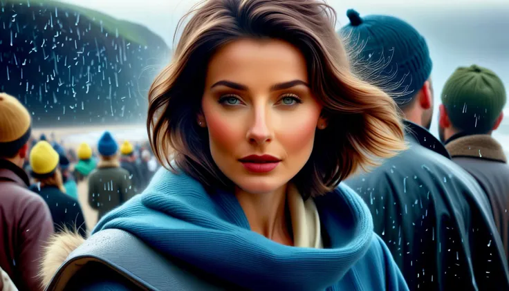 Photograph of  Classical Realist portrait (photorealism:1.6),cinematic film still portrait of young [Marta Tomczuk] in rain,detailed eyes, dry skin, skin fuzz, visible skin hair, skin blemishes,
, coastline, overcast weather, wind, waves, 8k uhd, dslr, raw, soft lighting, high quality, hdr ,photoshoot, fantasy style,
 (masterpiece), (best quality:1.2), absurdres, intricate details, in workshop, (highly detailed skin:1.2),
intricate details, 8k post production, high resolution, hyper detailed, trending on artstation, sharp focus, studio photo, intricate details, highly detailed, 
 . Traditional atelier training, emphasis on patient craft and technical finesse, contemporary manifestation of academic painting, captured on a (Hasselblad X1D II 50C)