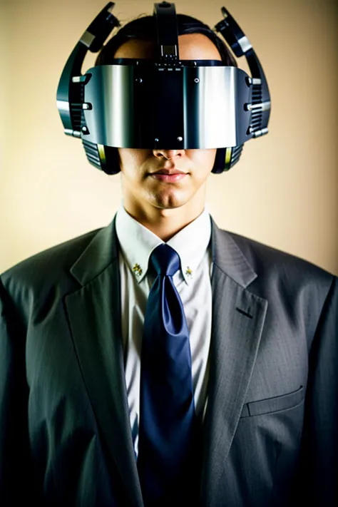a man in a suit and a helmet on , solo, simple background, shirt, 1boy, male focus, necktie, no humans, formal, suit, watch, wristwatch