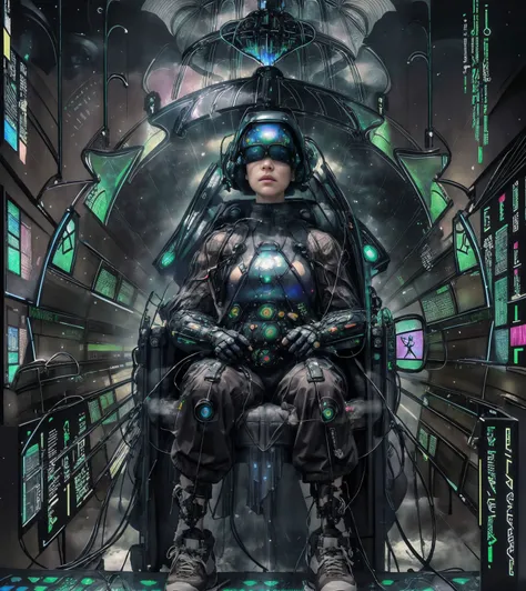 a pale skinned girl, wearing large complex headgear made of electronics with big led lights, crop top, cargo pants, sneakers, oversized coat, oversized pants
-
background is (digital waterfall from the matrix:1.5), ascii art
-
surreal, masterpiece, detailed, 8k, RAW photo, cinematic still from the matrix. in the style of jakub rozalski
-
science fiction, realistic, head-mounted display, cyberpunk
-
dynamic pose, dynamic view <lora:Headset:1> headset