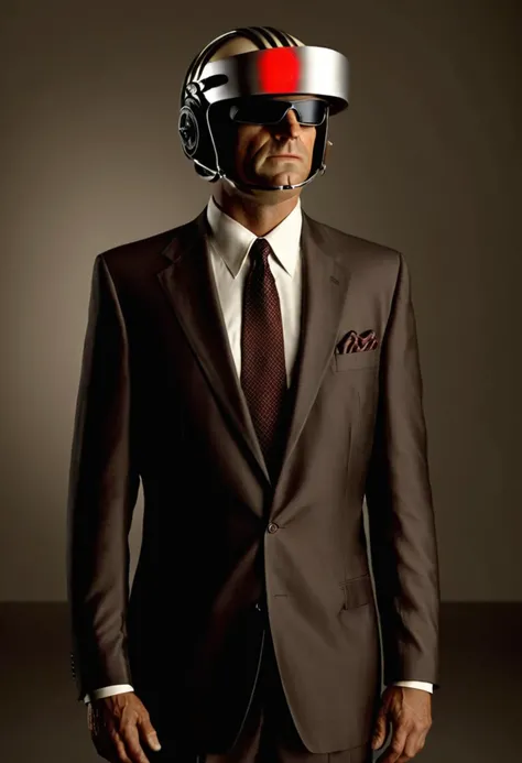 cinematic film still a man in a suit and a helmet on , solo, simple background, shirt, 1boy, male focus, necktie, no humans, formal, suit, watch, wristwatch, shallow depth of field, vignette, highly detailed, high budget Hollywood film, cinemascope, moody, epic, gorgeous,