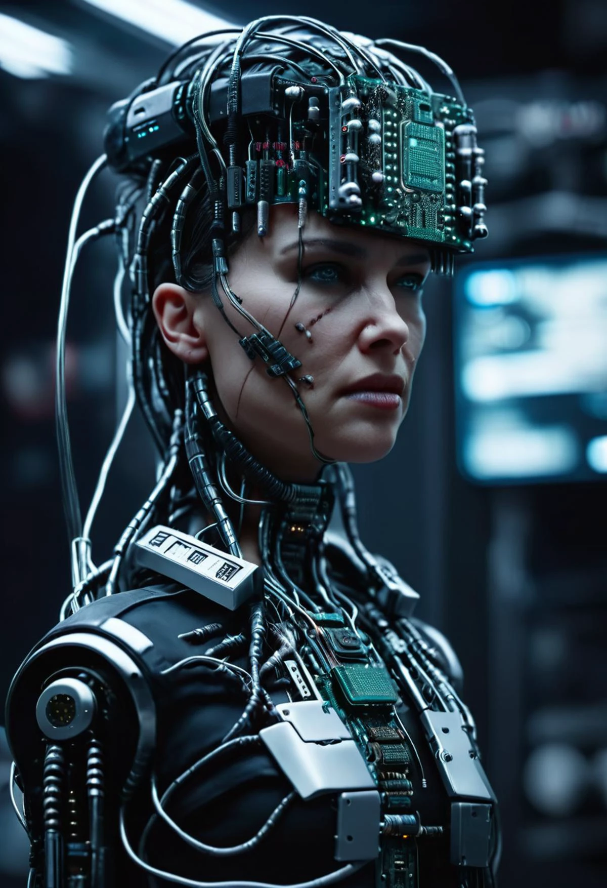 cinematic film still a woman with a head made of electronics , solo, science fiction, realistic, cable, cyberpunk, shallow depth of field, vignette, highly detailed, high budget Hollywood film, cinemascope, moody, epic, gorgeous,