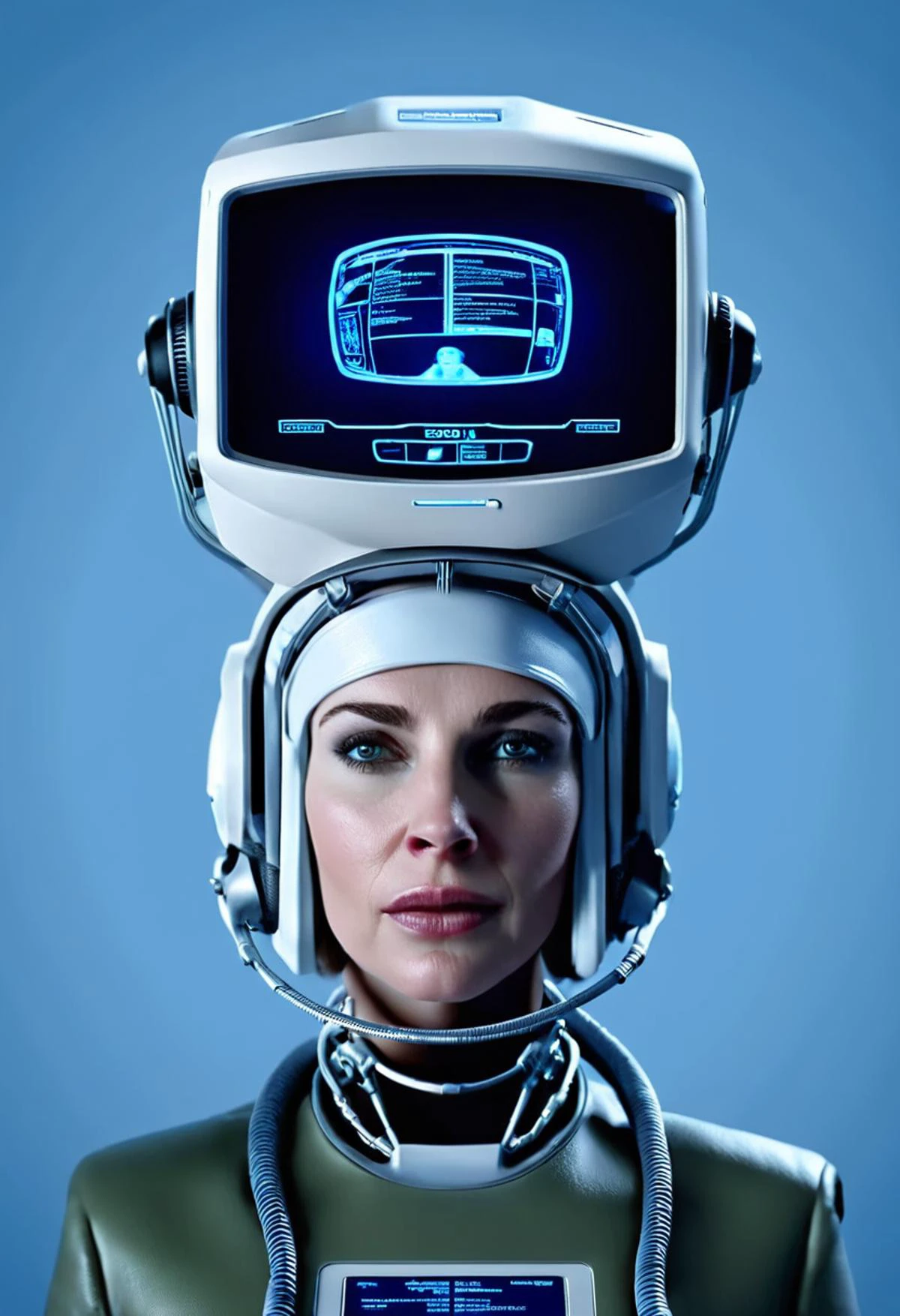 cinematic film still a woman wearing a helmet with a monitor on her head , solo, simple background, english text, lips, blue background, portrait, science fiction, realistic, cable, astronaut, shallow depth of field, vignette, highly detailed, high budget Hollywood film, cinemascope, moody, epic, gorgeous,
