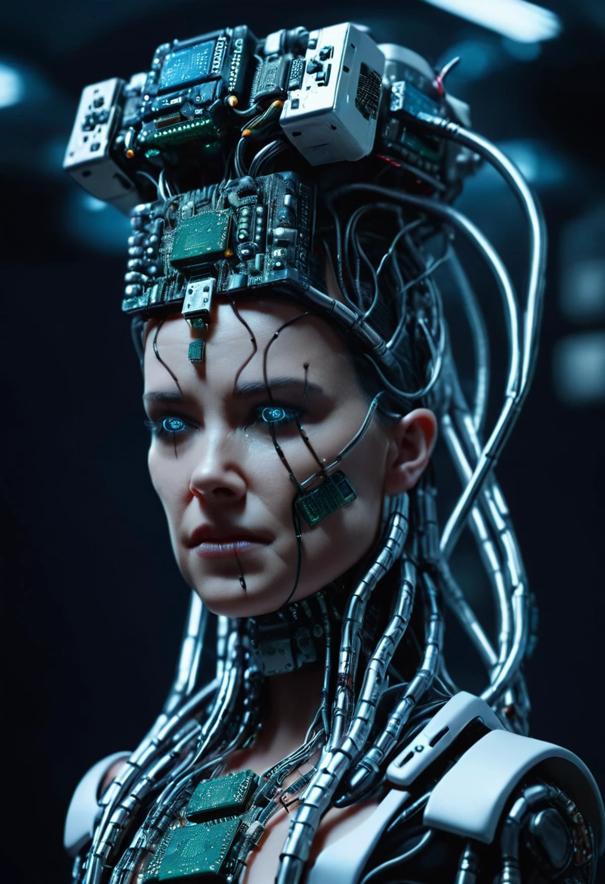 cinematic film still a woman with a head made of electronics , solo, science fiction, realistic, cable, cyberpunk, shallow depth of field, vignette, highly detailed, high budget Hollywood film, cinemascope, moody, epic, gorgeous,