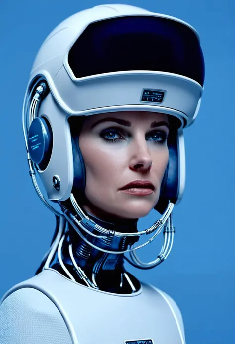 cinematic film still a woman wearing a helmet with a monitor on her head , solo, simple background, english text, lips, blue background, portrait, science fiction, realistic, cable, astronaut, shallow depth of field, vignette, highly detailed, high budget Hollywood film, cinemascope, moody, epic, gorgeous, 