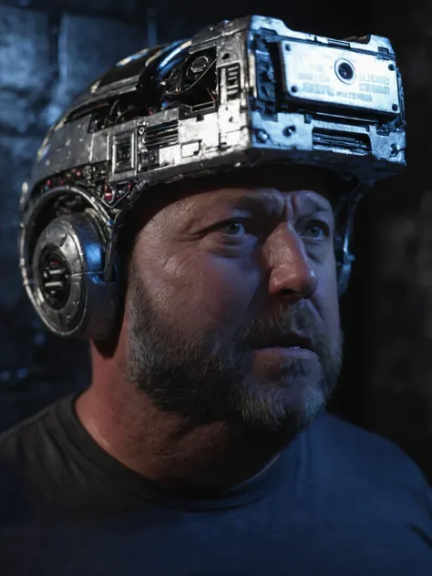 Alexjones Person, aluminum foil helmet headset, cyberpunk style, cinematic, dramatic lighting, dark basement, <lora:Alex Jones SDXL - Trigger is Alexjones Person:0.8>, <lora:Headset-SDXL:0.9> <lora:cyberpunk style v2:0.6>