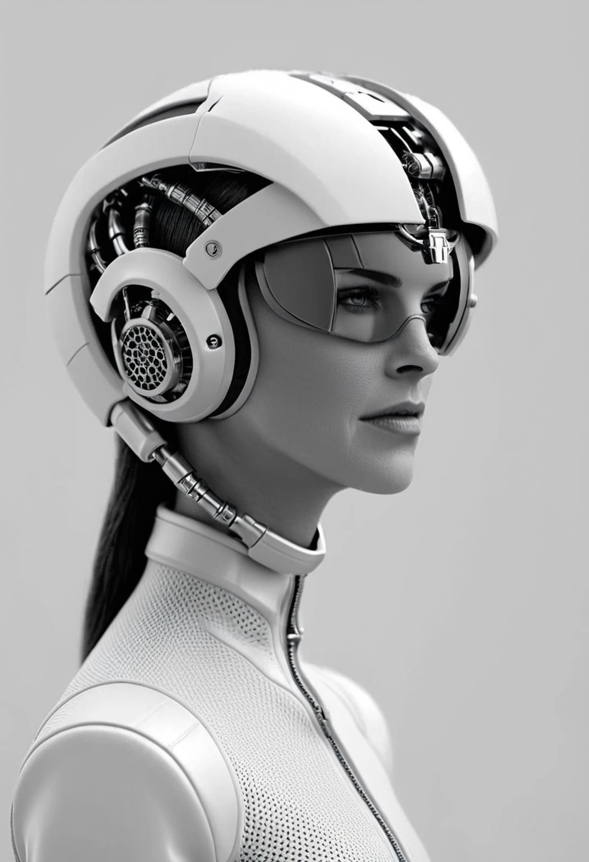 cinematic film still a woman with a helmet on her head , solo, simple background, monochrome, upper body, greyscale, grey background, no humans, robot, mecha, zipper, machinery, science fiction, shallow depth of field, vignette, highly detailed, high budget Hollywood film, cinemascope, moody, epic, gorgeous,