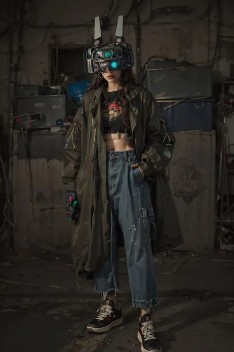 brown skin girl , wearing a head made of electronics with big robotic ears, crop top, cargo pants, sneakers, on the jakarta slum, (surreal, masterpiece, detailed, 8k, RAW photo), (red dreadlock hair:1), dirty skin, dirty clothes, slum girl, (dark brown skin:1), oversized coat, the girl is selling on secondhand market <lora:Headset:1>, robot, science fiction, realistic, android, cable, head-mounted display, cyberpunk