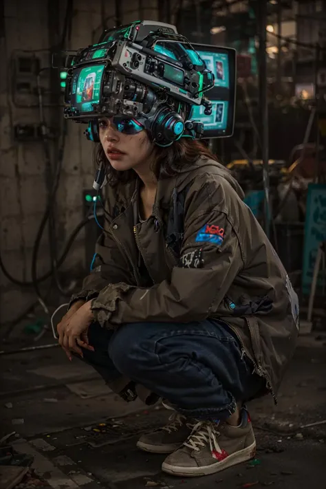 brown skin girl , wearing a head made of electronics with big robotic ears, crop top, cargo pants, sneakers, squatting, on the jakarta slum, (surreal, masterpiece, detailed, 8k, RAW photo), (red dreadlock hair:1), dirty skin, dirty clothes, slum girl, (dark brown skin:1), oversized coat, the girl is selling on secondhand market <lora:Headset:1>, robot, science fiction, realistic, android, cable, head-mounted display, cyberpunk