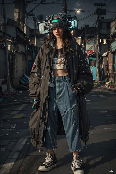 brown skin girl , wearing a head made of electronics with big robotic ears, crop top, cargo pants, sneakers, on the jakarta slum, (surreal, masterpiece, detailed, 8k, RAW photo), (red dreadlock hair:1), dirty skin, dirty clothes, slum girl, (dark brown skin:1), oversized coat, the girl is selling on secondhand market <lora:Headset:1>, robot, science fiction, realistic, android, cable, head-mounted display, cyberpunk