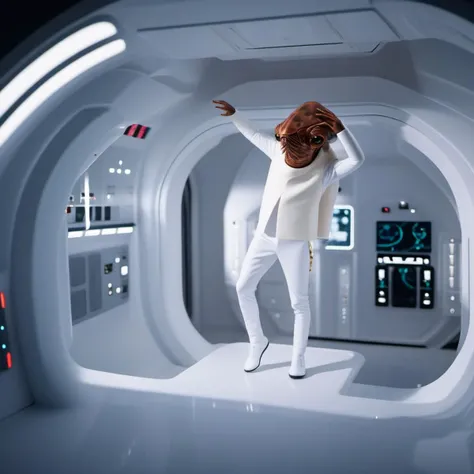 cinematic photo a full body brown skin alien with a strange looking face, star wars, white suit,
dab poses, spaceship <lora:AmiralAckbar1024:0.9> . 35mm photograph, film, bokeh, professional, 4k, highly detailed