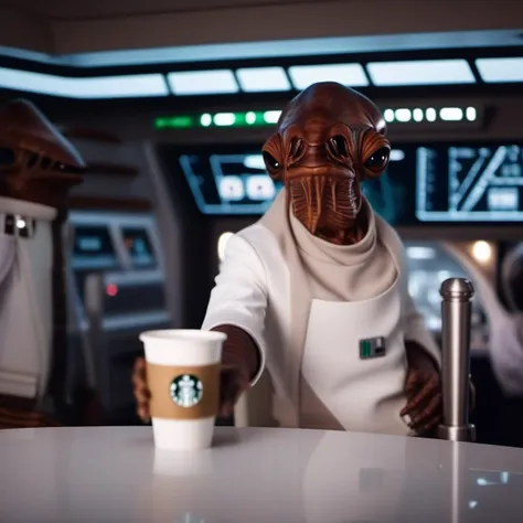 cinematic photo a  brown skin alien with a strange looking face, star wars, white suit, 
serves Starbucks coffees, spaceship <lora:AmiralAckbar1024:0.9> . 35mm photograph, film, bokeh, professional, 4k, highly detailed