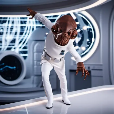 cinematic photo an brown skin alien with a strange looking face, star wars, white suit, 
dab poses, spaceship <lora:AmiralAckbar1024:0.9> . 35mm photograph, film, bokeh, professional, 4k, highly detailed