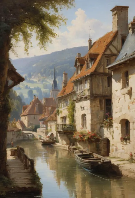 Picturesque and romantic, Oil painting in the style of Henryk Siemiradzki capturing a French village (Clamecy, la maison du tisserand), daylight, panoramic view showcasing village roofs, half-timbered houses, towers, castle, river with a docked boat, girls present