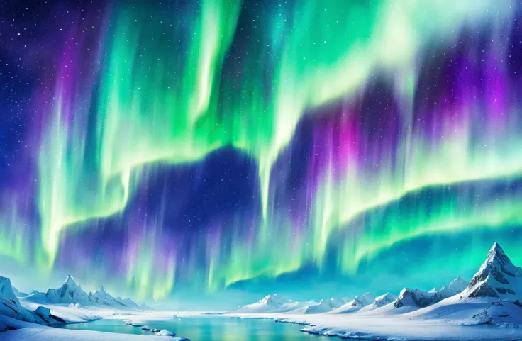 beautiful aurora borealis above a frigid blue artic landscape with ice crystals growing everywhere, vivid fantasy colors, digitalart