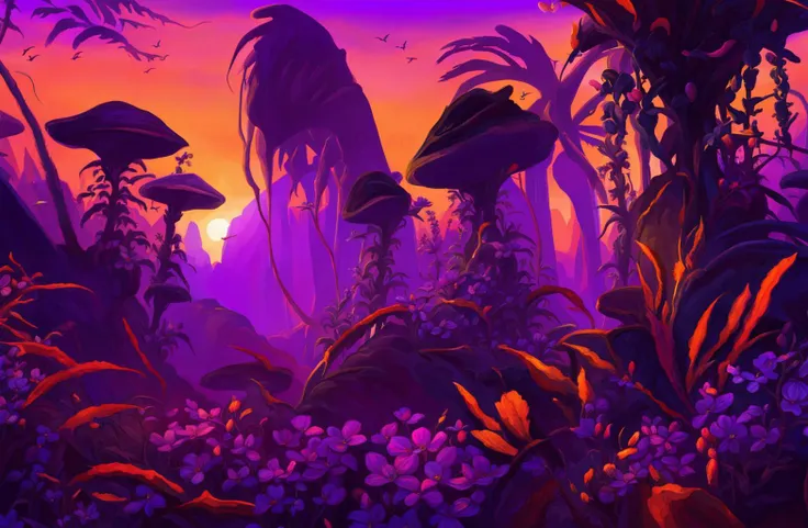 an alien jungle with lots of purple plants, foliage, and orange flowers at sunset, volumetric lighting, digital art