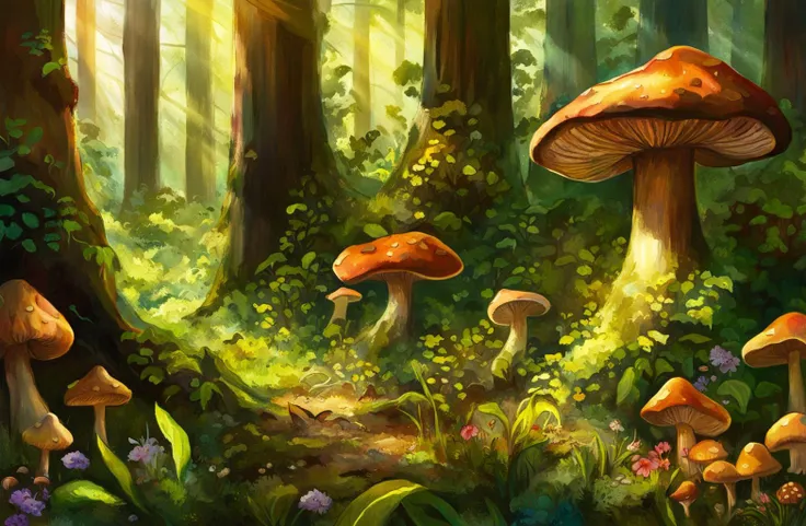 a digital painting of a dense lush mixed forest with mushrooms growing in it, lots of foliage, bushes, flowers, small rays of sunlight streaming through the trees, volumetric light shafts, painterly illustration, vivid fantasy colors, digital art