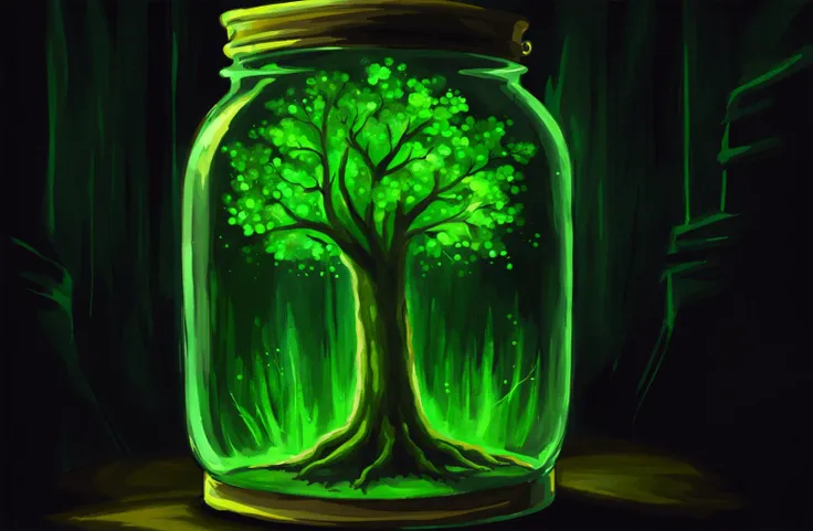 a digital painting of a glowing green tree inside a jar, dark studio, painterly illustration, vivid fantasy colors, digital art