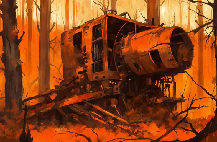 a painterly illustration of a mysterious abandoned machine left to rot in a radioactive bright orange forest, barren atmosphere, digital art