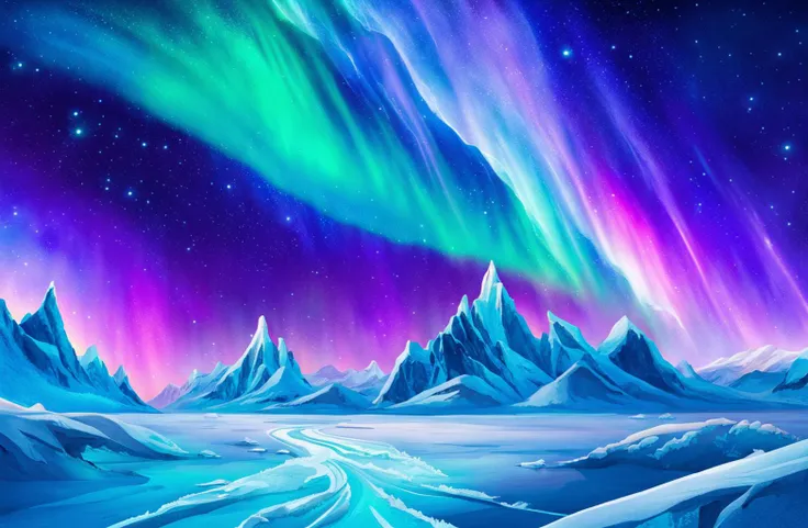 beautiful aurora borealis above a frigid blue artic landscape with ice crystals growing everywhere, vivid fantasy colors, digital art