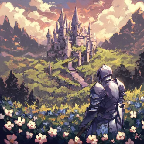 core_9, score_8_up, score_7_up, source_anime, digital art, dark theme, dark fantasy, cinematic film shot, standing in field full of flowers, landscape background, castle, knight in armor