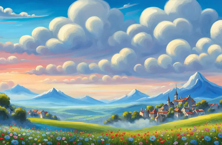 a green field with flowers growing on it, mountains and trees far away in the background, beautiful volumetric clouds, village far away, vivid fantasy colors, blue sky, digital art