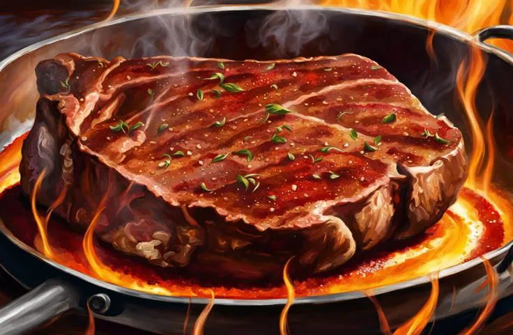 a painterly illustration of a closeup shot of a sizzling steak on a hot and oily pan, just moments away from being perfectly cooked, vivid fantasy colors, digital art