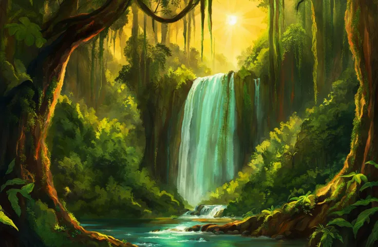 a painterly illustration of a waterfall in a dense jungle, rainforest, thick atmosphere, volumetric sun rays, vines, giant trees, vivid fantasy colors, digital art