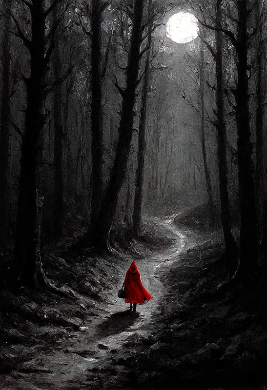 ink illustration, gloomy scene of Little Red Riding Hood walking through the dark woods, the woman's red cape and hood are the only splashes of color, ink splashes, rough ink sketch