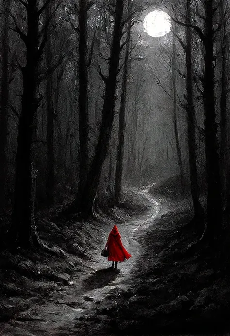 ink illustration, gloomy scene of Little Red Riding Hood walking through the dark woods, the woman's red cape and hood are the only splashes of color, ink splashes, rough ink sketch